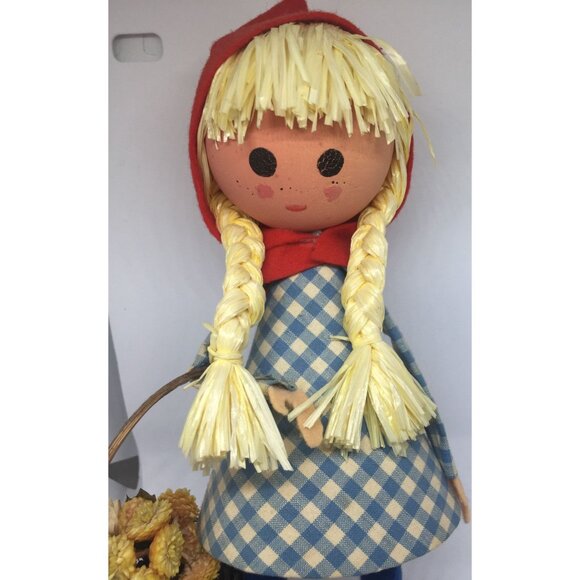 Vintage 1960's Handmade Wooden Doll Little Red Riding Hood Long Yellow Braids - Picture 3 of 8